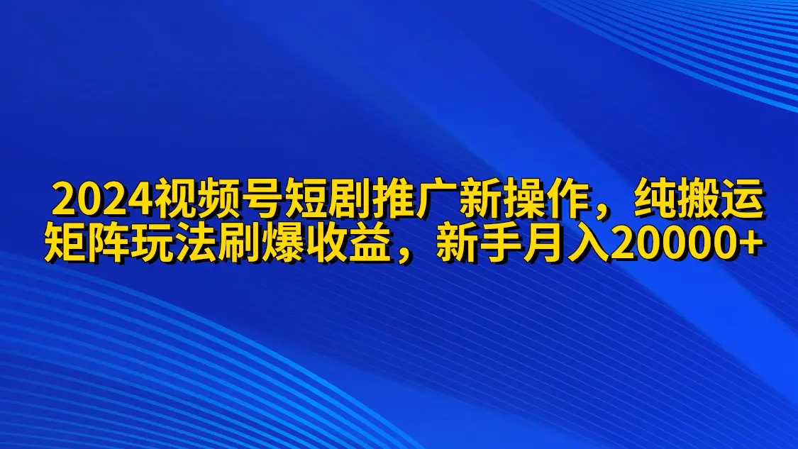 2024视频号短剧推广新操作 纯搬运+矩阵连爆打法刷爆流量分成 小白月入20000_米豆学社-小新